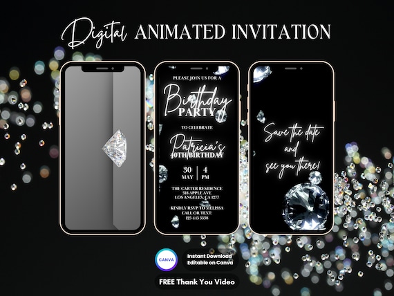 Diamond Party Invitation, Diamond Birthday Party Animated Invitation, Editable Diamond Invitation, Digital Invitation Video, Canva Template