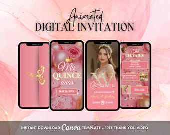 Quinceanera Invitation, Pink Quinceanera Party Animated Invitation, Editable Quinceañera Digital Video Invitation, Sweet 16 Mis Quince Años