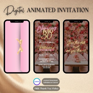 May include: A digital invitation for a 30th birthday party with a pink and gold color scheme. The invitation features a floral background with the text "Blooming into 30" and "Patricia's 30th Birthday". The invitation also includes the date, time, and location of the party.