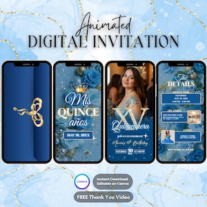 Quinceanera-Einladung, blaue Quinceanera-Party-animierte Einladung, bearbeitbare Quinceamaßa-Digitalvideoeinladung, Sweet 16 Mis Quince Años