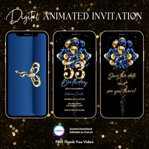 Op de afbeelding: Digitale geanimeerde uitnodiging voor een 53e verjaardag. De uitnodiging heeft een blauw en gouden kleurenschema met ballonnen en de tekst "53e verjaardag".