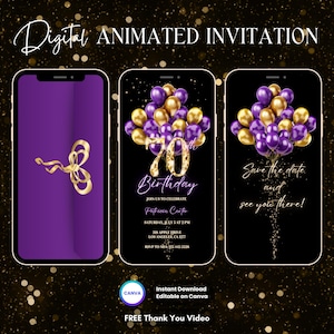 70th Birthday Invitation, Purple Gold 70th Birthday Party Animated Invitation, Editable Balloons Digital Video Invite, Dinner Party Evite
