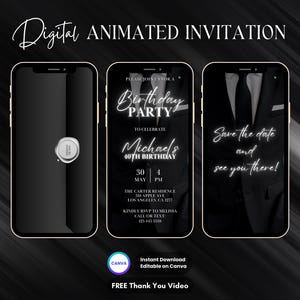 May include: Digital animated invitation displayed on three smartphones. The invitation features a black and white design with text that reads "Birthday Party" and "Save the date and see you there!"