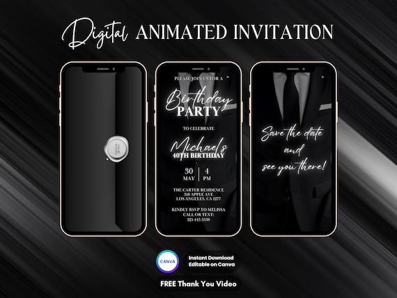 Men Suit Birthday Party Invitation, Male Birthday Dinner Animated Invitation, Editable Man Birthday Digital Video Invite, Black Suit Evite