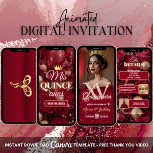 Invitación Quinceañera, Invitación Animada Quinceañera Borgoña, Invitación Editable en Video Digital Quinceañera, Dulce 16 Mis Quince Años