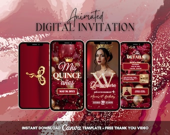 Quinceanera Invitation, Burgundy Quinceanera Animated Invitation, Editable Quinceañera Digital Video Invitation, Sweet 16 Mis Quince Años