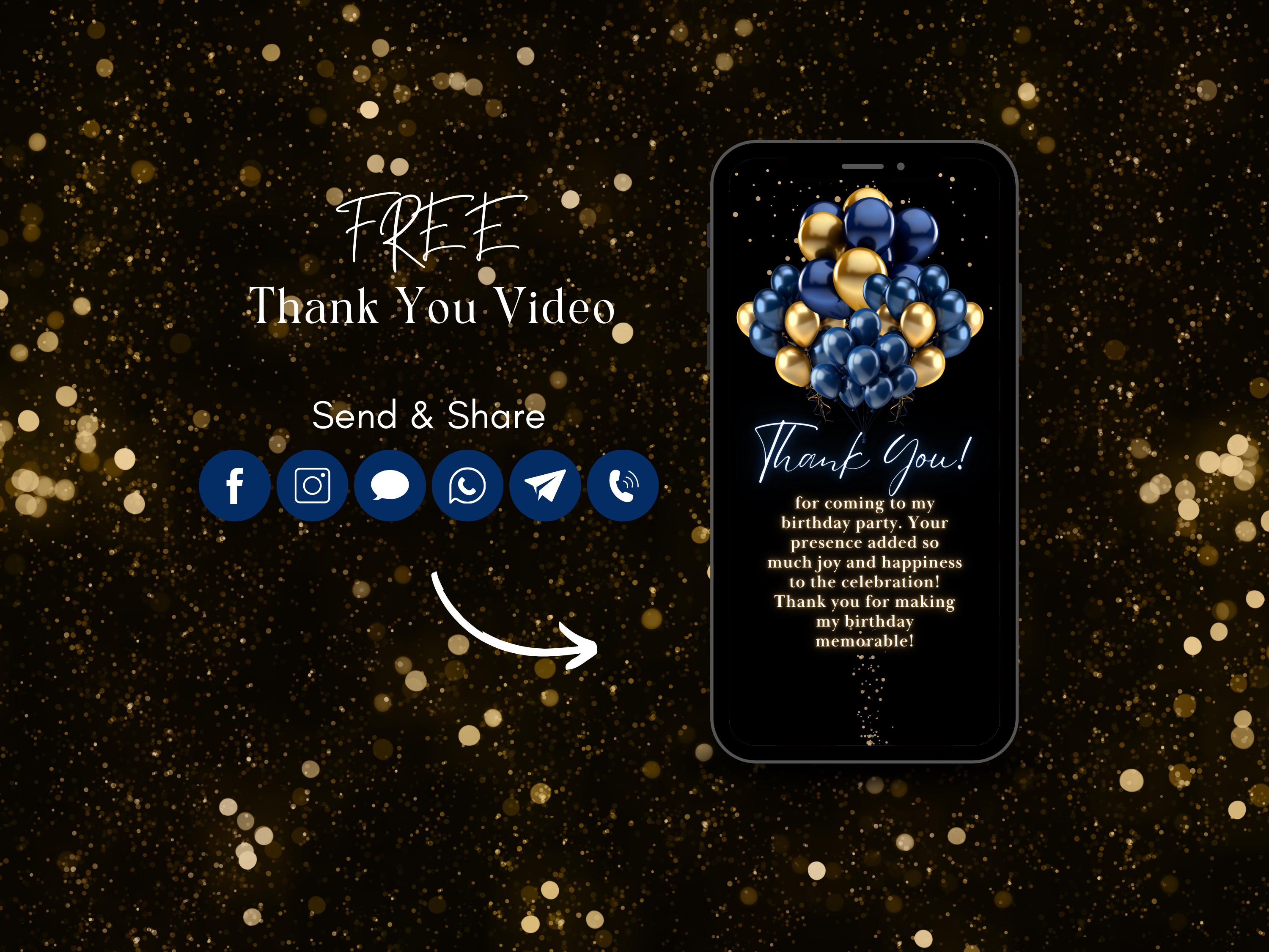 87th Birthday Invitation, Blue Gold 87th Birthday Party Animated ...