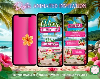 Aloha Luau Invitation, Tropical Party Animated Invitation, Editable Birthday Invitation, Luau Digital Invitation, Tiki Party Video Invite