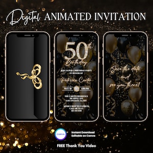 Puede incluir: Una invitación animada digital para una fiesta de cumpleaños número 50. La invitación presenta un fondo negro con globos dorados, confeti y un gran número 50 con diamantes. El texto dice "Únete a nosotros para una fiesta de cumpleaños en honor a Patricia Carter, el 30 de mayo a las 4:00 PM, The Carter Residence, 318 Apple Ave, Los Ángeles, CA, Por favor, confirma tu asistencia a Patricia, Llama o envía un mensaje de texto: 125-445-5338".