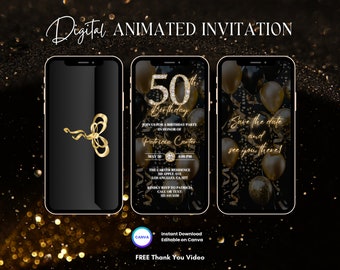 May include: A digital animated invitation for a 50th birthday party. The invitation features a black background with gold balloons, confetti, and a large number 50 with diamonds. The text reads "Join us for a birthday party in honor of Patricia Carter, May 30, 4:00 PM, The Carter Residence, 318 Apple Ave, Los Angeles, CA, Kindly RSVP to Patricia, Call or Text: 125-445-5338".