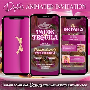 Tacos and Tequila Invitation, Pink Taco Party Animated Invitation, Editable Taco Birthday Fiesta Digital Video Invite Template, Dinner Evite