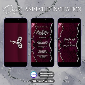 May include: Digital animated invitation displayed on three smartphones. The invitation features a burgundy background with silver accents and text. The first phone shows a silver bow, the second a birthday party invitation, and the third a save-the-date message.