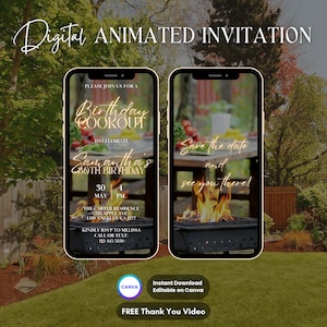 May include: Digital invitation for a birthday cookout with a gold text overlay on a phone screen. The text reads "Please join us for a Birthday Cookout to celebrate Samantha's 80th Birthday. 30 May 4 PM. The Carter Residence 515 Apple Ave 105 Angelin CA 91217. Kindly RSVP to Melissa Call or Text 125 445 5538."