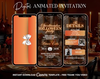 May include: Digital animated Halloween party invitation displayed on three smartphones. The invitation includes event details, date, time, location, and attire information. The design features orange and white colors with decorative elements.