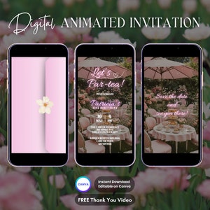 Tea Party Invitation, High Tea Birthday Animated Invitation, Editable Pink Par-tea Digital Video Invitation, Whimsical Tea Floral Invite