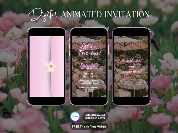 Tea Party Invitation, High Tea Birthday Animated Invitation, Editable Pink Par-tea Digital Video Invitation, Whimsical Tea Floral Invite