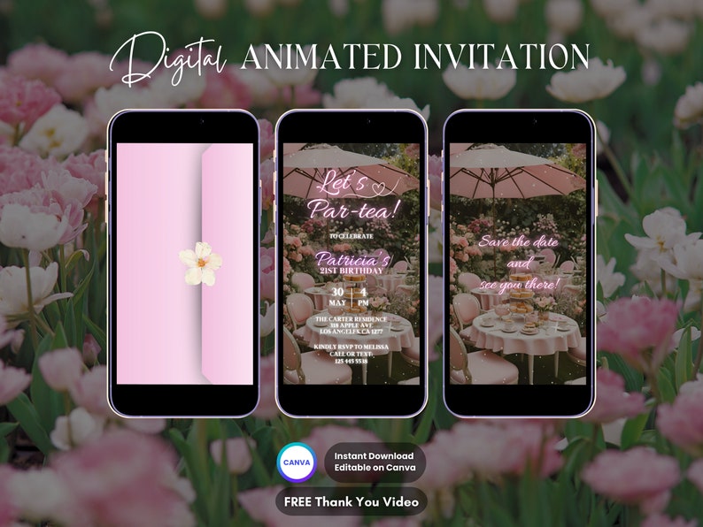 K&ouml;nnte beinhalten: Eine digitale animierte Einladung zu einer 21. Geburtstagsfeier. Die Einladung zeigt ein rosafarbenes und wei&szlig;es Blumenmuster mit dem Text "Let's Par-tea!" und "Patricia's 21st Birthday". Die Einladung enth&auml;lt auch das Datum und die Uhrzeit der Party, den Ort und die RSVP-Informationen.