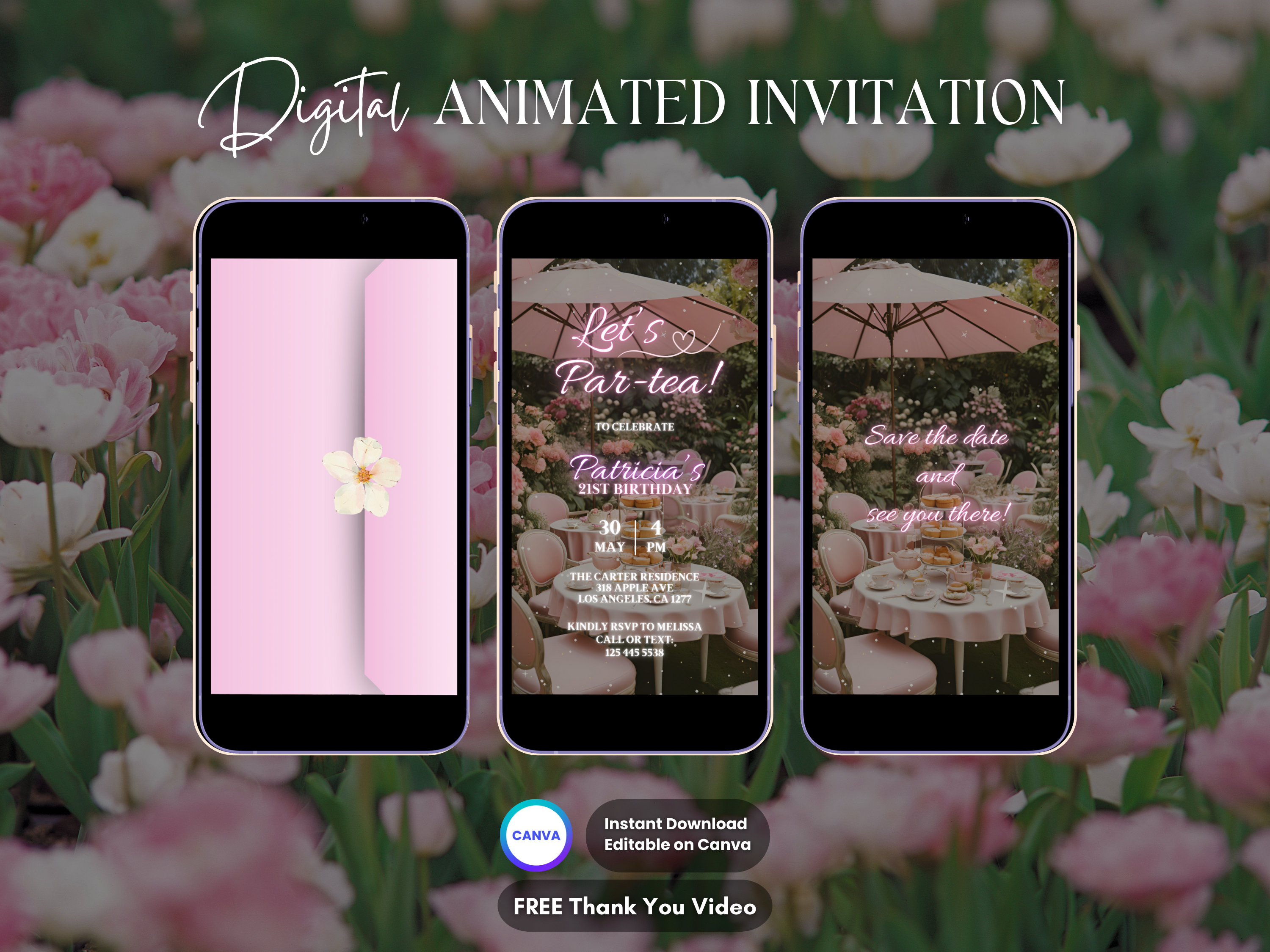Tea Party Invitation, High Tea Birthday Animated Invitation, Editable Pink Par-tea Digital Video Invitation, Whimsical Tea Floral Invite