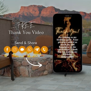 May include: A smartphone displaying a thank you message with a fire image in the background. The text reads "Thank You! for coming to my birthday party. Your presence added so much joy and happiness to the celebration! Thank you for making my birthday memorable!"