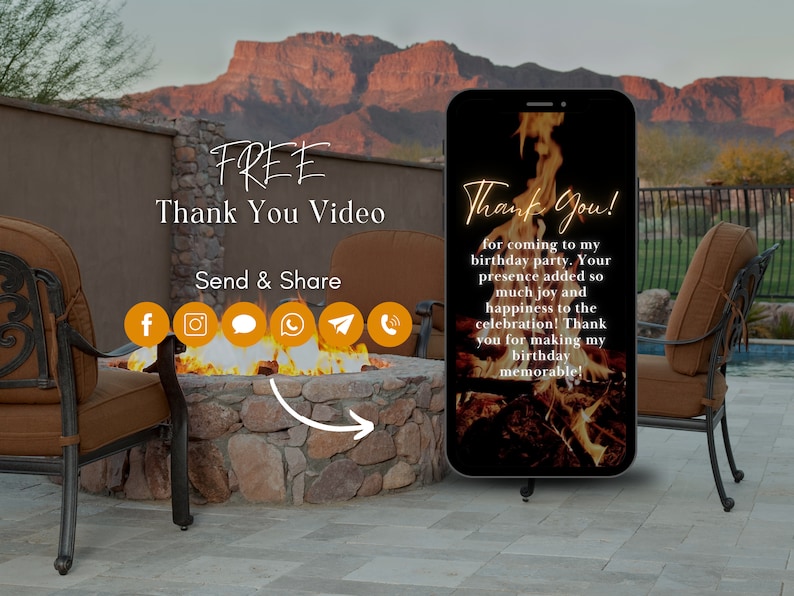 May include: A smartphone displaying a thank you message with a fire image in the background. The text reads "Thank You! for coming to my birthday party. Your presence added so much joy and happiness to the celebration! Thank you for making my birthday memorable!"