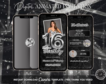16th Disco Birthday Animated Invitation, Editable Groovy Dance Party Digital Video Invite Template