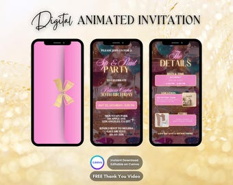 Pink Sip & Paint Invitation, Sip and Paint Party Animated Invitation, Editable Art Party Digital Video Invite, Cute Paint Party Evite