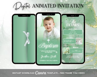 Baptism Invitation, Christening Animated Invitation, Editable Green Baptism Digital Video Invite Template with Photo, Modern Baptism Evite