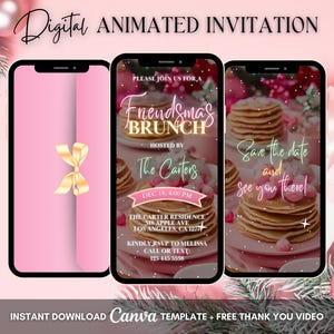 Pink Friendsmas Brunch Invitation, Christmas Breakfast Lunch Animated Invitation, Editable Holiday Brunch Digital Video Invite, Pink Party