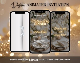 White Mother's Day Invitation, Mother's Day Dinner Animated Invitation, Editable Mother's Day Digital Video Invite, Happy Mother's Day Party