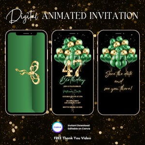 47th Birthday Invitation, Green Gold 47th Birthday Party Animated Invitation, Editable Balloons Digital Video Invite, Dinner Party Evite