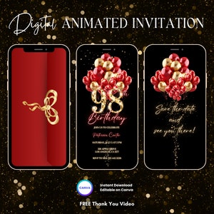 May include: Digital animated invitation for a 98th birthday party. The invitation features red and gold balloons, a black background with gold glitter, and the text "98th Birthday" in gold and red. The invitation also includes the text "Save the date and see you there!" in white.