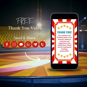 May include: A smartphone displaying a red, white, and blue circus-themed thank you card with gold stars. The card says "Thank You!" for coming to my birthday party. Your presence added so much joy and happiness to the celebration! Thank you for making my birthday memorable!"