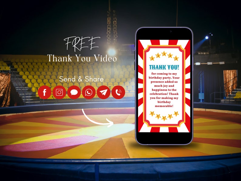 May include: A smartphone displaying a red, white, and blue circus-themed thank you card with gold stars. The card says "Thank You!" for coming to my birthday party. Your presence added so much joy and happiness to the celebration! Thank you for making my birthday memorable!"