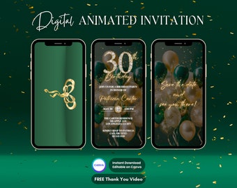 30th Birthday Invitation, Green 30th Birthday Party Animated Invitation, Editable Birthday Digital Video Invite, Dinner Party Evite, Diamond