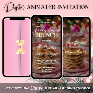 Pink Friendsmas Brunch Invitation, Christmas Breakfast Lunch Animated Invitation, Editable Holiday Brunch Digital Video Invite, Pink Party