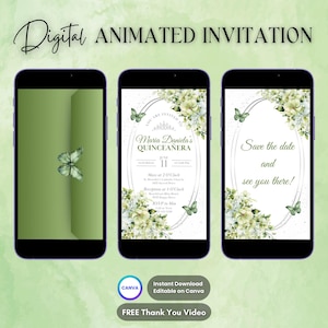 Quinceanera Invitation, Green Quinceanera Animated Invitation, Editable Quinceañera Digital Video Invitation, Sweet 16 Quince Video Invite
