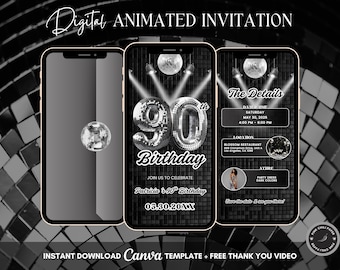 90th Disco Birthday Animated Invitation, Editable Groovy Dance Party Digital Video Invite Template, Evite