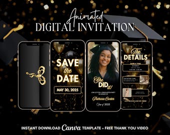Graduation Party Invitation, Black Grad Party Animated Invitation, Editable Graduation Digital Video Invite, She Did It Save The Date Evite
