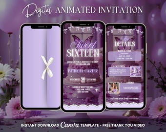 Purple Sweet 16 Invitation, 16th Birthday Party Animated Invitation, Editable Butterfly Sweet Sixteen Digital Video Invite, Dinner Evite