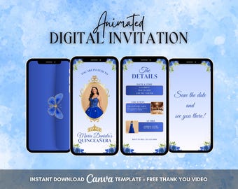 Quinceanera Invitation, Quinceanera Animated Invitation, Editable Royal Blue Gold Quinceañera Digital Video Invitation, 16th Quince Evite