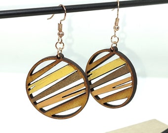 Boucles d'oreilles de caractère en bois et acier inoxydable, cadeau parfait pour elle, bijou simple, trois couleurs