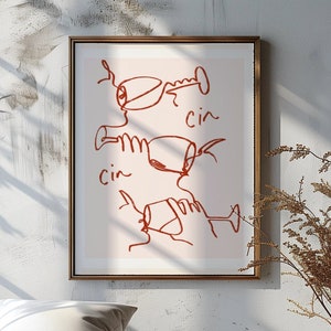 Cin Cin Wine Art, wydruk kuchenny, wydruk wina, ręcznie rysowany wydruk kuchenny, prezent kuchenny, plakat Cheers, sztuka ścienna do kuchni, wózek barowy