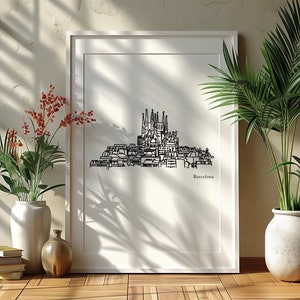 Impresión de la ciudad de Barcelona / Paisaje urbano con arte lineal / La Sagrada Familia / Arte mural en blanco y negro / Pósteres enmarcados para la cocina / Arte para la sala de estar