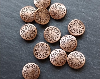 20 Red Copper Mandala Beads, Flat Round Flower Pattern