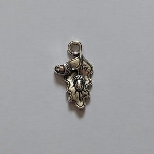 May include: A silver-toned charm depicting an acorn and oak leaf. The charm has a loop for attaching to jewellery. The acorn has a textured cap and the leaf has detailed veining. A nature-themed pendant.