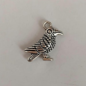 May include: A silver-colored raven charm with detailed feather and wing patterns. The charm has a small loop at the top for attaching to a necklace or bracelet. The raven is standing on a small base.