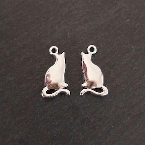 May include: Two silver-colored cat charms. Each charm is a silhouette of a sitting cat with a curled tail. The charms have a small loop at the top for attaching to a necklace or bracelet. The background is a dark gray color.