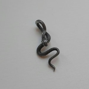 以下が含まれることがあります： 詳細なシルバーカラーのヘビペンダント。ヘビは、質感のある鱗と詳細な頭で巻かれています。ペンダントはニュートラルな背景に配置され、ジュエリーの複雑なデザインを強調しています。