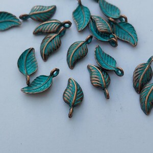 Peut inclure: Plusieurs petits breloques en forme de feuilles. Chaque breloque pr&eacute;sente une surface de couleur teal avec des veines de couleur bronze et une boucle pour l'attache. Ces breloques d&eacute;coratives sont id&eacute;ales pour la cr&eacute;ation de bijoux ou les projets d'artisanat.