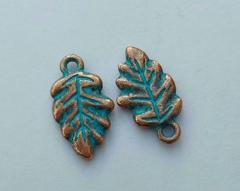 8 or 40 copper leaf charms with blue patina, 19 mm x 11 mm